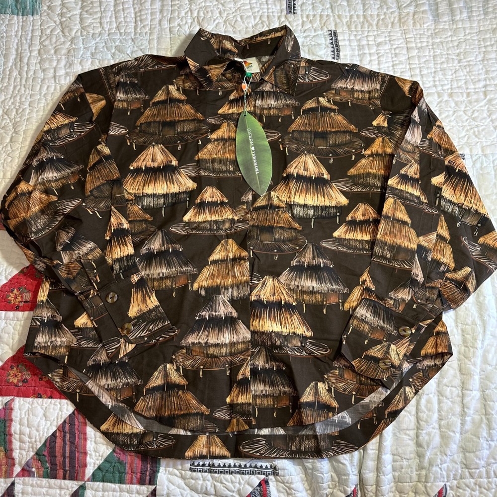 Farm Rio Brown Shuhu Long Sleeve Shirt Yawanawa Print 327173